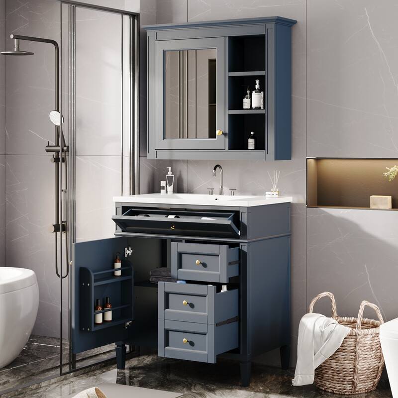 30'' Bathroom Vanity Set with Mirror Cabinet, Freestanding Bathroom Storage Cabinet with 2 Drawers and a Tip-out Drawer