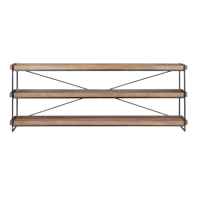 HomeRoots 80" Light Brown and Black Solid Wood and Iron Console Table With Two Shelves - 16