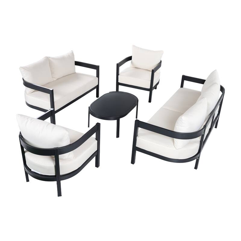 Christopher Knight Home - Modern 5-Piece Outdoor Aluminum Patio Conversation Set with Oval Glass Coffee Table & Cushions
