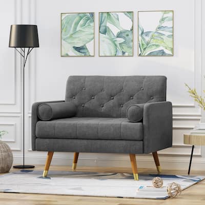 Dark Grey Modern 38.25" Upholstered Button Tufted Club Chair with Bolster Pillows and Rubber Wood Legs