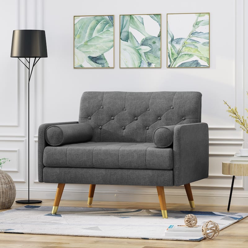 Modern 38.25" Upholstered Button Tufted Club Chair with Bolster Pillows and Rubber Wood Legs - Dark Grey
