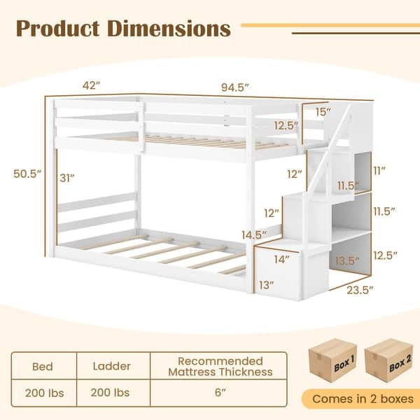 Costway Twin Over Twin Low Bunk Bed Solid Wood Floor Bunk Bed Frame - See Details