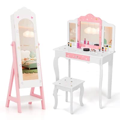 Gymax Kids Vanity Set Princess Makeup Dressing Table & Chair Set w/