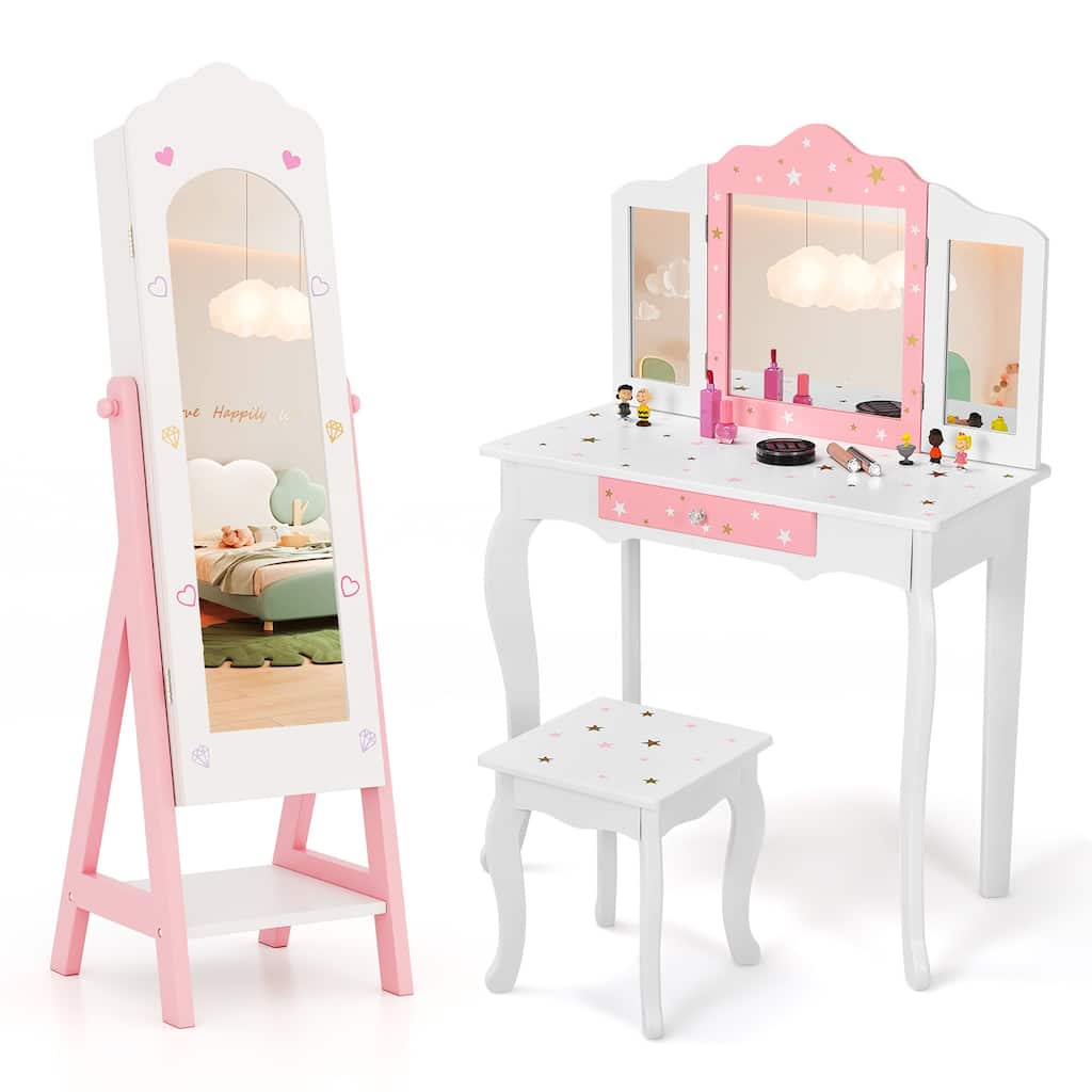 Gymax Kids Vanity Set Princess Makeup Dressing Table & Chair Set w/