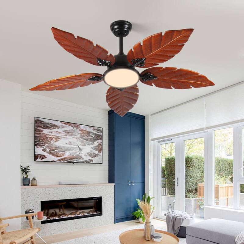 52 Inch Tropical Ceiling Fan with Light, Palm Leaf Indoor/Outdoor Ceiling Fan for Patio and Living Room, Reversible Fan