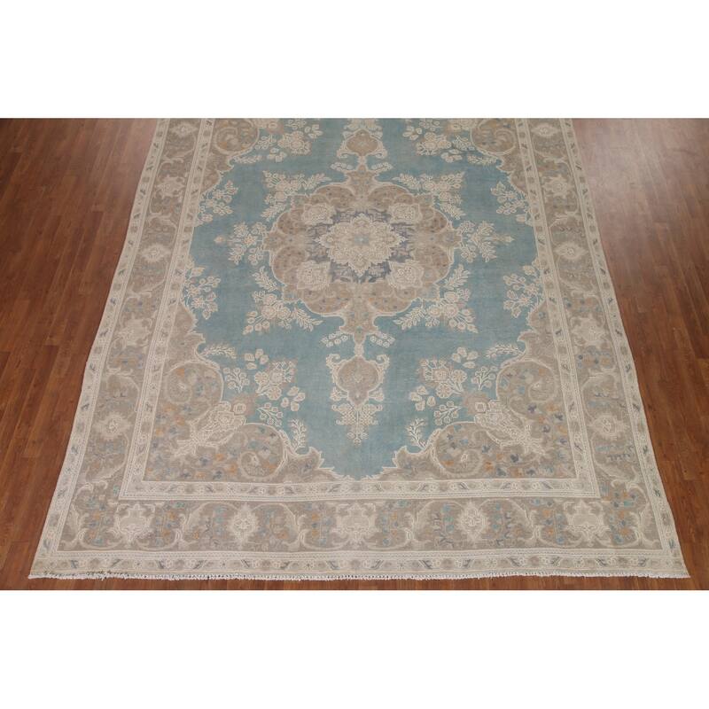 Hand Knotted Oriental 100% Wool Carpet Traditional Floral Navy Blue & Blues Tabriz Area Rug - 13' 0'' X 9' 8''