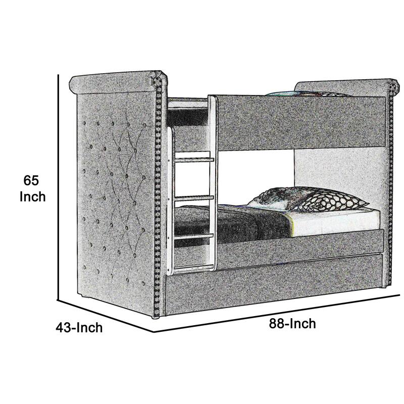 Chesterfield Design Twin Size Bunk Bed with Nailhead Trim, Gray and Black