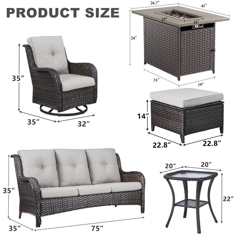 7 Piece Wicker Furniture with Fire Pit Table