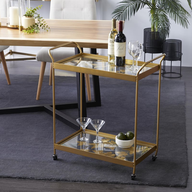 Metal Rolling 2 Shelf Bar Cart with Handles - Gold - Roche River Decor - 14"W x 28"L x 31"H