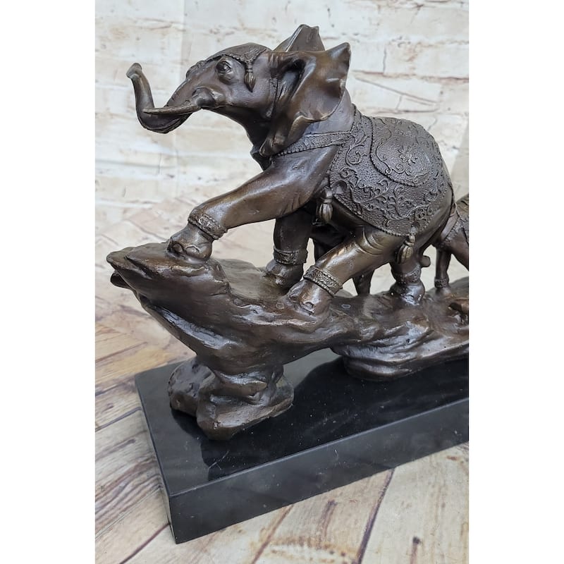 Signed Bologna Indian Mother Elephant And Calves Bronze Sculpture Home Decor Art