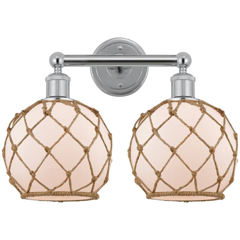 Innovations Lighting 616-2W-13-17 Farmhouse Rope Vanity Farmhouse Rope - Polished Chrome / White Glass with Brown Rope