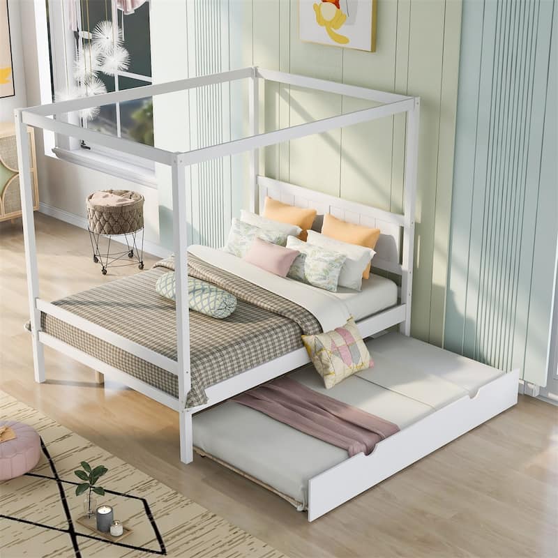 Merax Full Size Canopy Platform Bed with Trundle