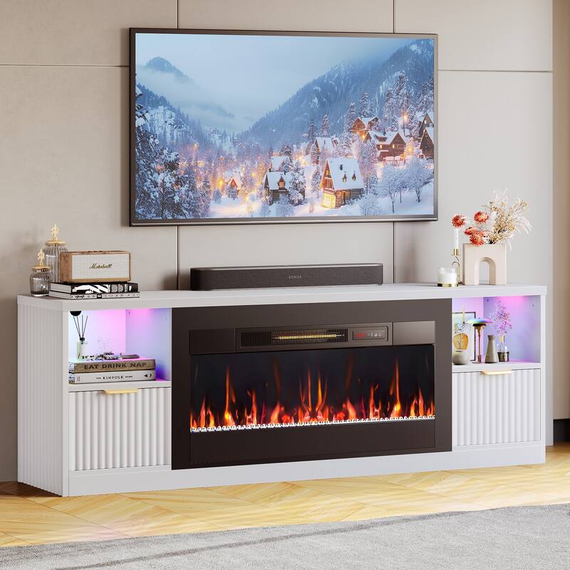Bestier 71 in. Fluted Glossy White TV Stand with Electric Fireplace Fits TV Up to 75 in. Entertainment Center with Cabinet