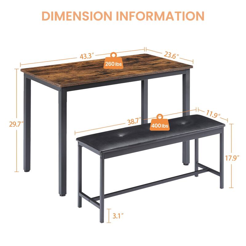 Industrial Kitchen Dining Table Set with 2 Dining Benches