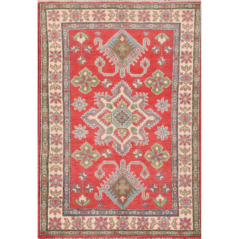Geometric Orange Kazak Rug Hand-Knotted Wool Carpet - 3'4" x 5'0"