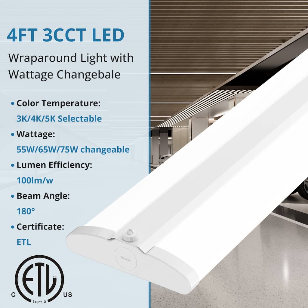 4FT LED Wraparound Light with 3 Wattages/3 Lumens/3 CCT Selectable,55W/65W/75W,5500lm/6500lm/7500lm,3000K/4000K/5000K