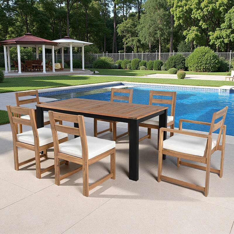 7-Piece Outdoor Patio Acacia Wood Dining Set with Umbrella Hole, 2 Armchairs and 4 Side Chairs - Beige,Black,Light Teak