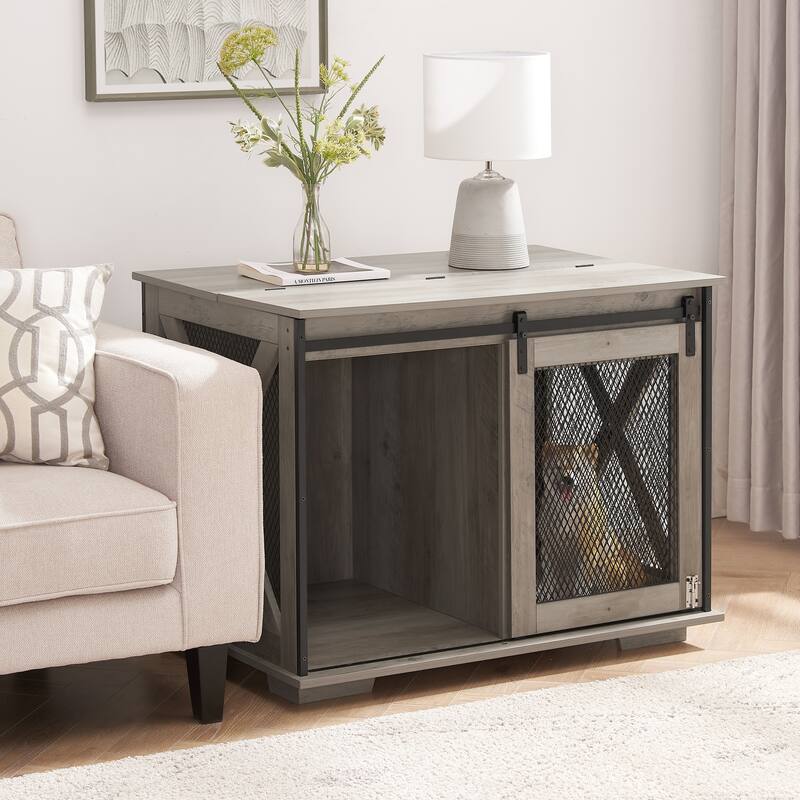 Flip-Top Plate Dog House Dog Cage Crate Furniture with Sliding Barn Door, Dog Kennel End Table with Detachable Divider