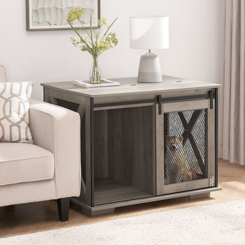 Wooden Dog Crate Furniture, Dog Kennel End Table with Sliding Barn Door, Dog Cage with Flip-top Plate & Detachable Divider - Gray Wash