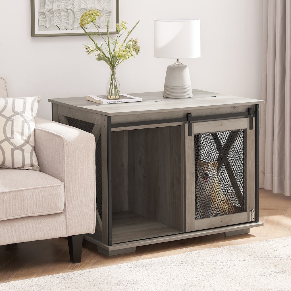 Wooden Dog Crate Furniture, Dog Kennel End Table with Sliding Barn Door, Dog Cage with Flip-top Plate & Detachable Divider