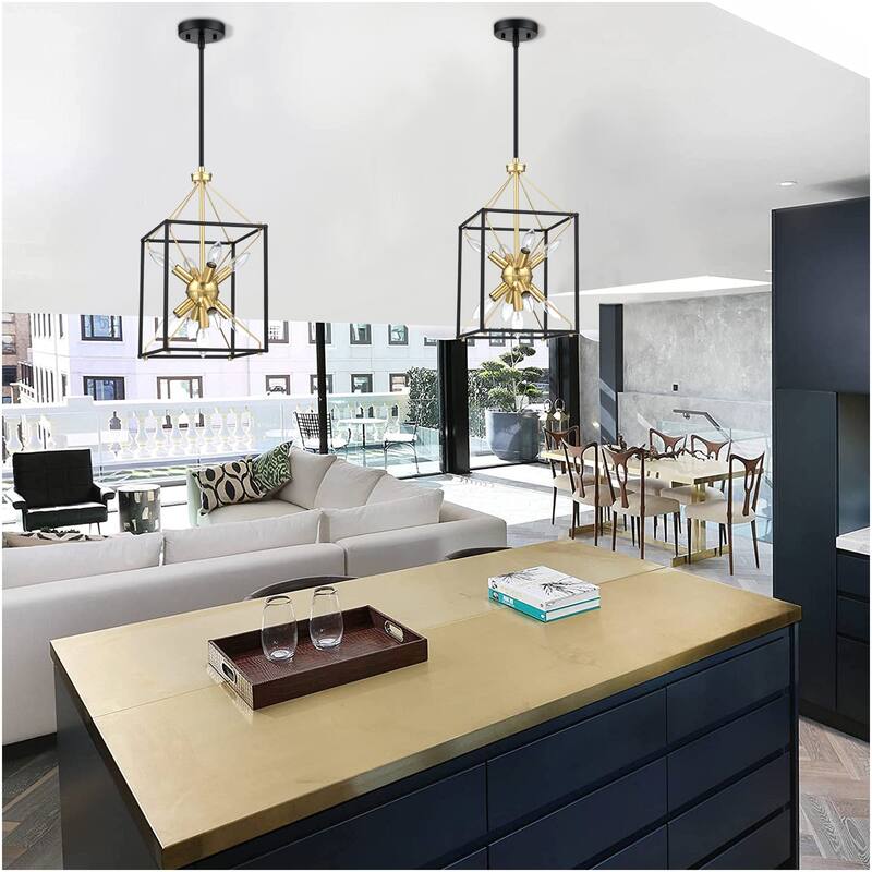 10 in. 9-Light Modern Rectangle Lantern Pendant Light with Matte Black finish and Gold Accents
