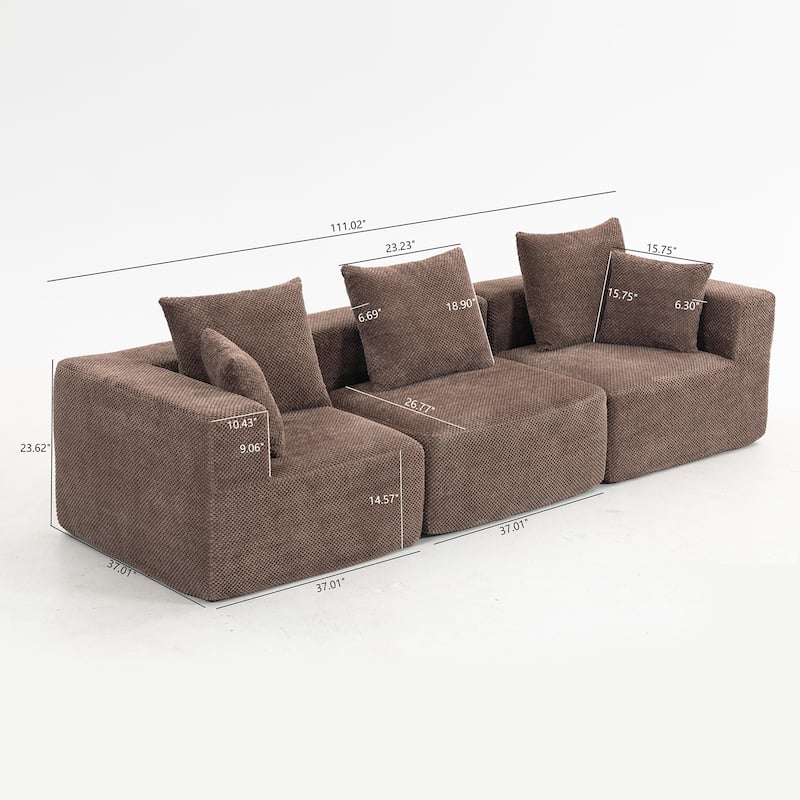 111" Oversized Modular Deep-Seat All-Foam Sectional Sofa in Soft Textured Chenille, 3-Piece Low-Profile Couch for Living Room