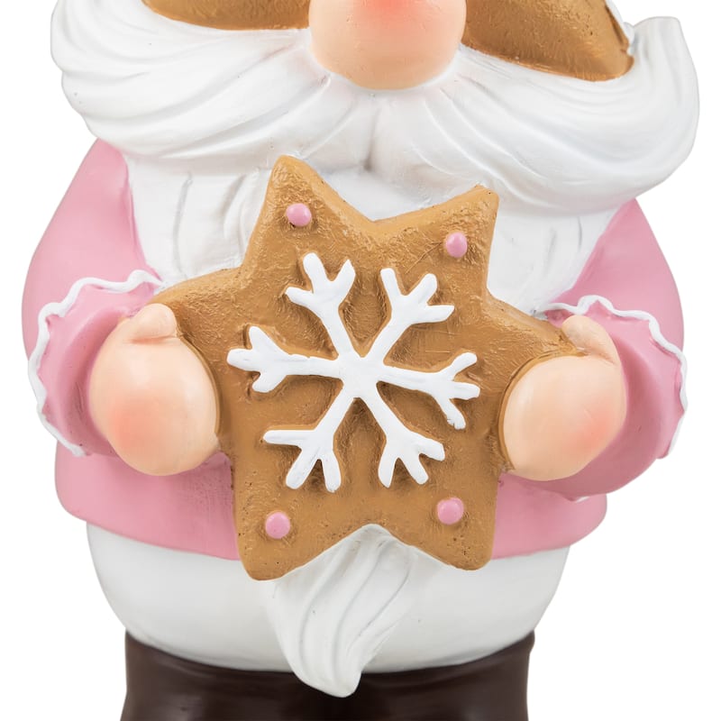 Christmas Gnome Holding Gingerbread Snowflake Cookie Decoration - 11.5" - Pink