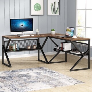 Overstock L Shaped Desk with Shelves, Corner Workstation Table (Rustic Brown)