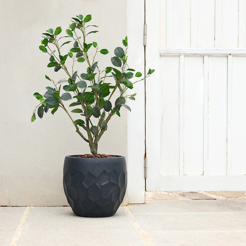 14.6-Inch Round Geometric Indoor/Outdoor MgO Planter - 13.2" H x 14.6" W x 14.6" D - Black