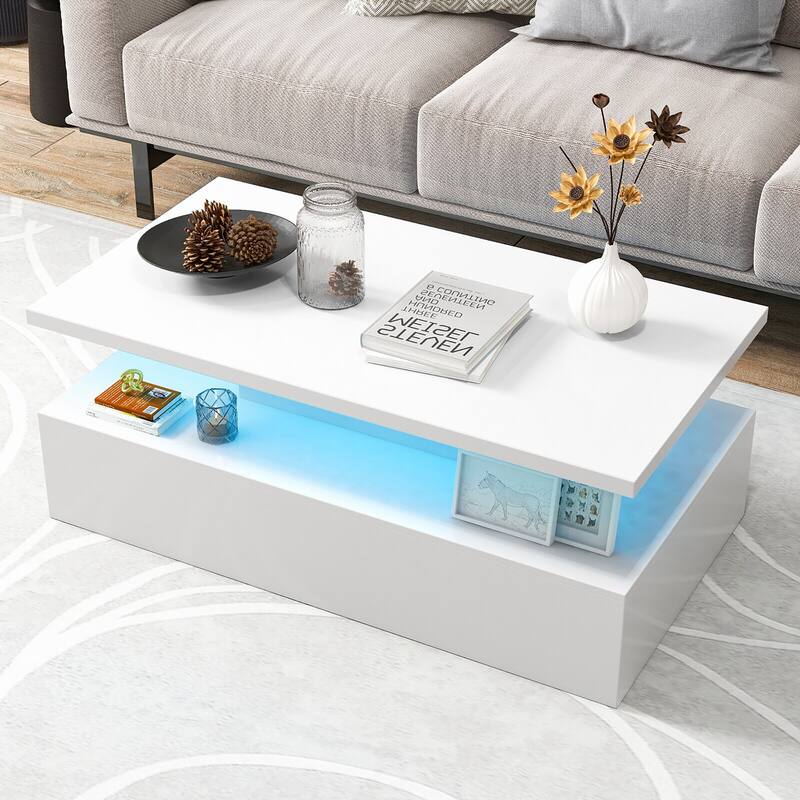 Gymax LED Coffee Table 2-Tier High Glossy with Adjustable Light &