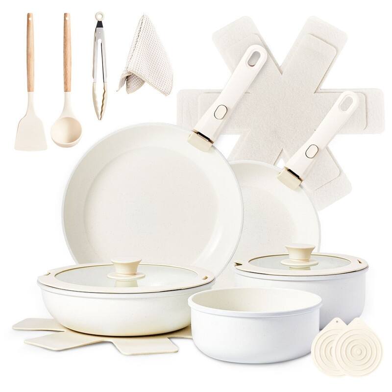 19 Pcs Nonstick Pots And Pans Set Cast Aluminum Cookware Set With Detachable Handles - White