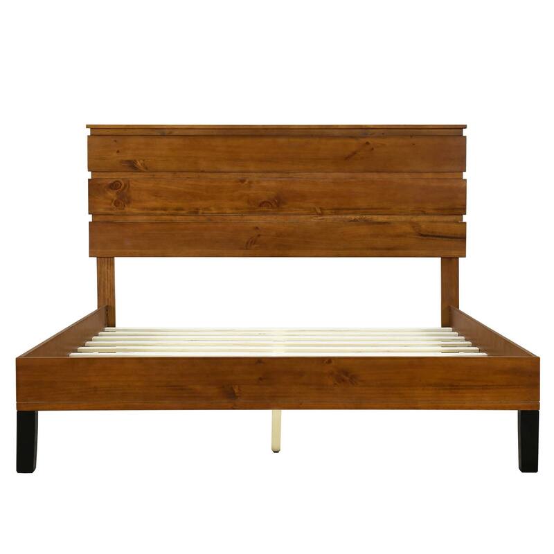 Brown Solid Wood Frame Platform Bed with Three-Piece Headboard Design