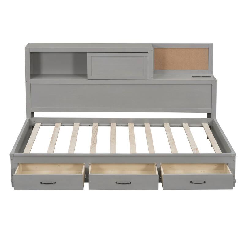 Twin/Full Size Wood Daybed Frame with Storage Drawers, Shelves and Charging Station