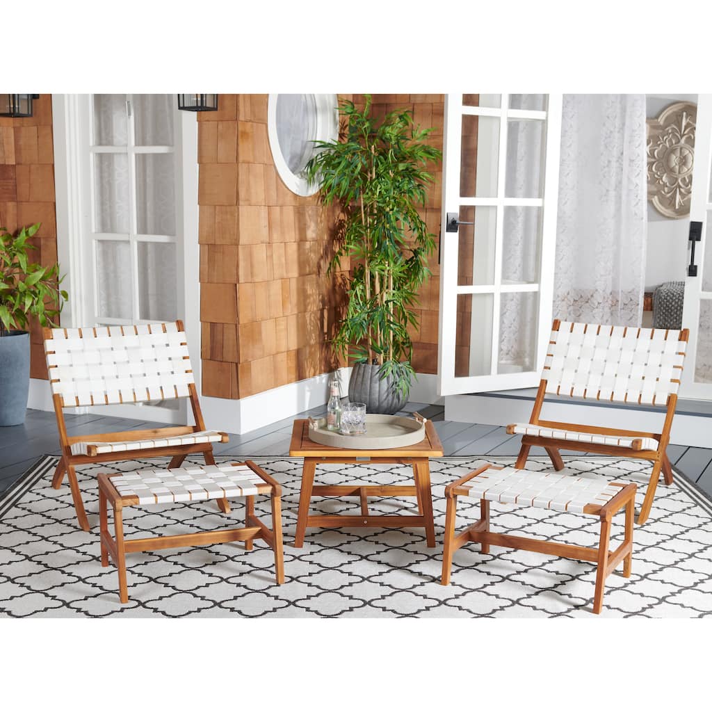 SAFAVIEH Outdoor Patio Furniture Zehra Acacia Wood Lounge Chair and Ottoman Set with Side Table - 24W x 28D x 31H
