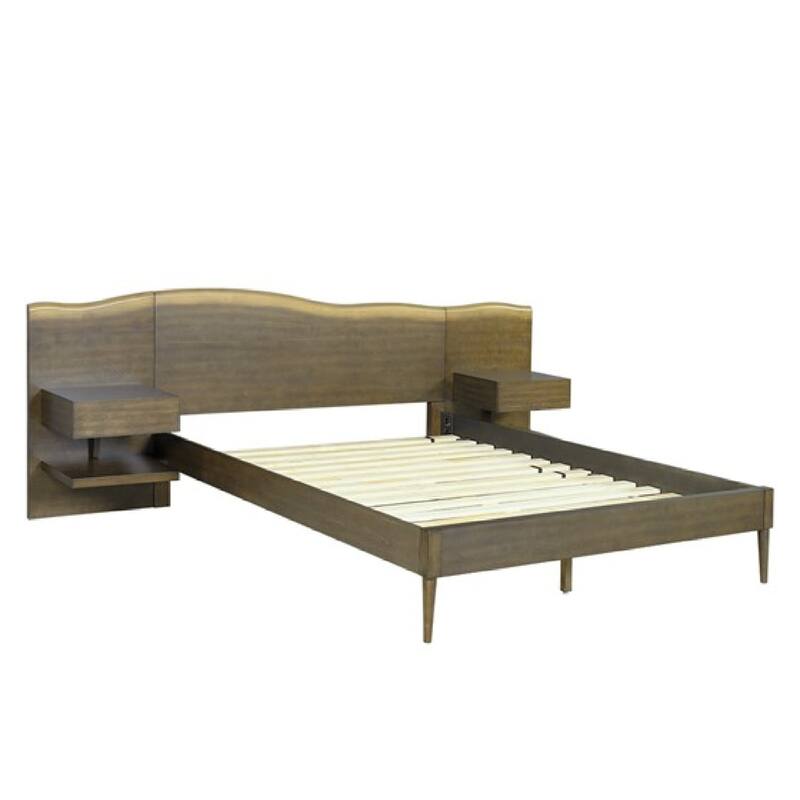 Roomfitters Live Edge Platform Bed Frame, Queen Wood Suite with Two Built-in Side Tables and Slats, Dark Brown