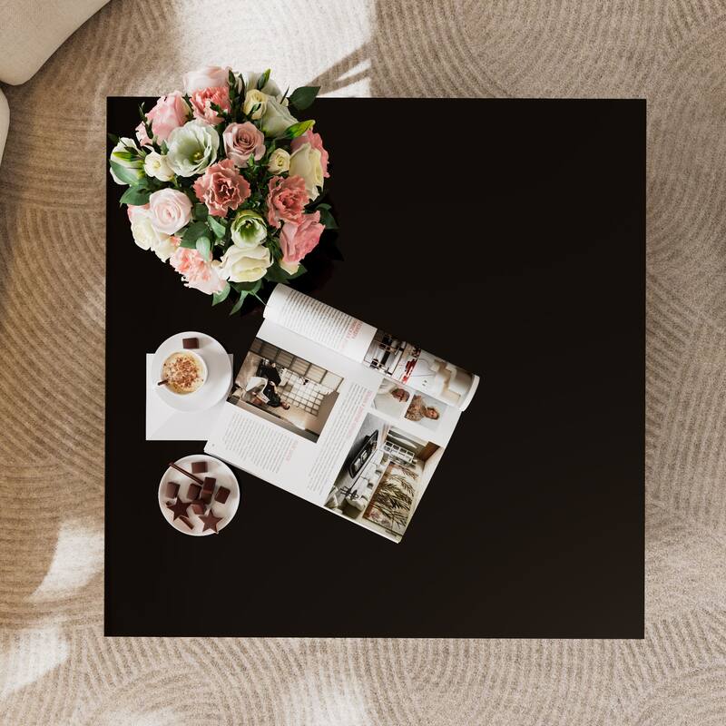 Roomfitters Square Glass Coffee Table with Gold Metal Frame, Black Top, Geometric Design & Lower Shelf, 33.5"