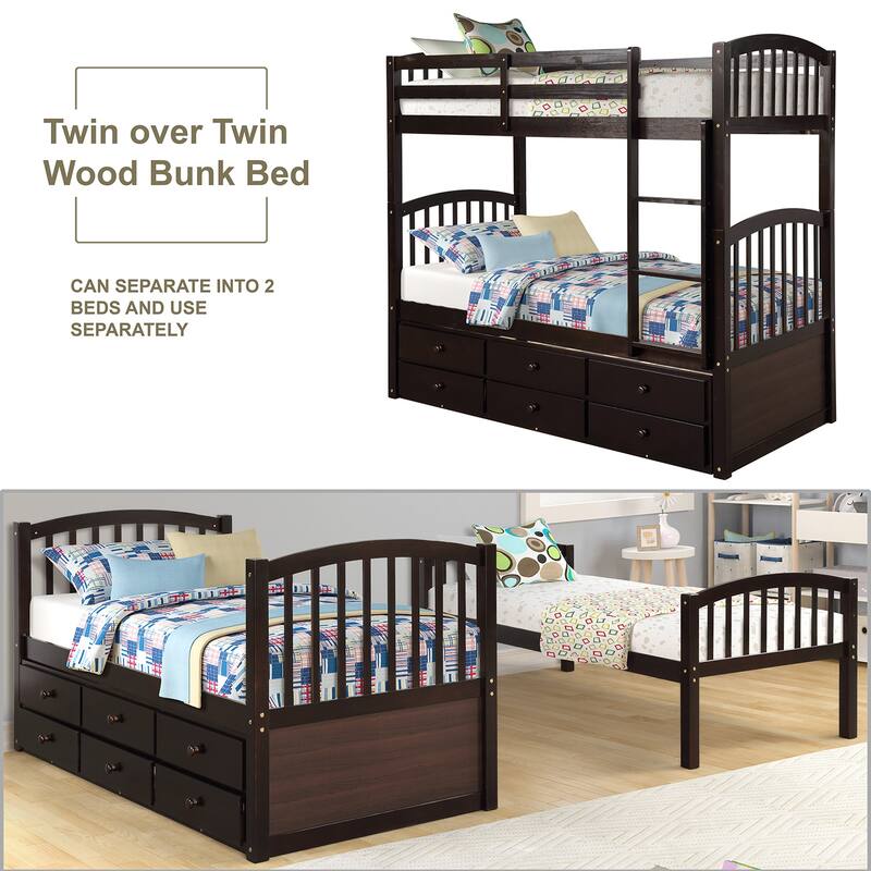 Twin Bunk Bed with Ladder, Safety Rail, and Trundle with 3 Drawers for Teens and Guest Rooms