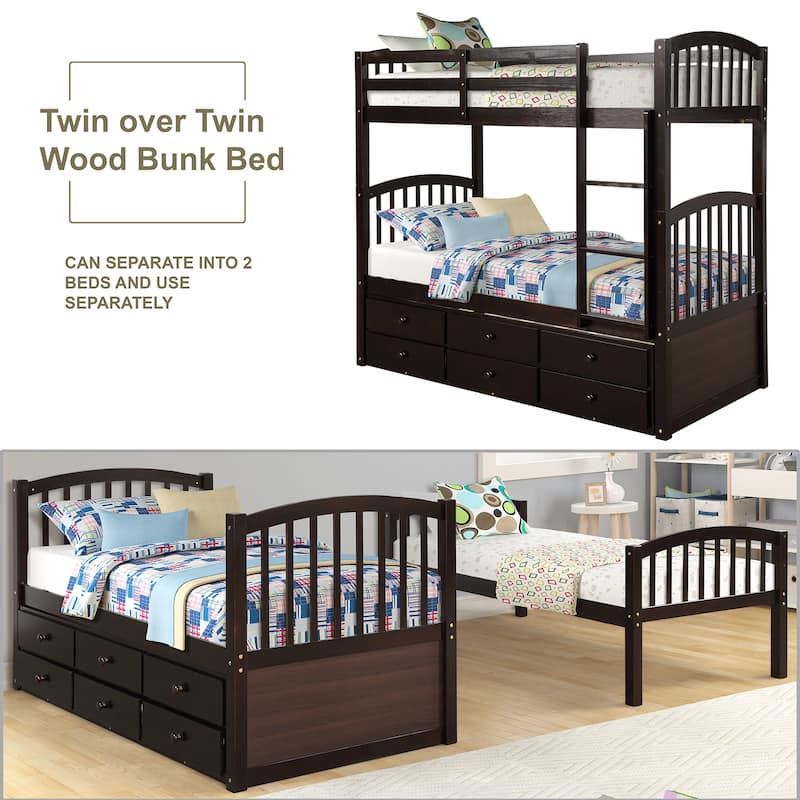 Twin Over Twin Bunk Bed with Trundle and 3 Drawers, Wooden Bunk Bed with Ladder and Safety Rails, Space Saving