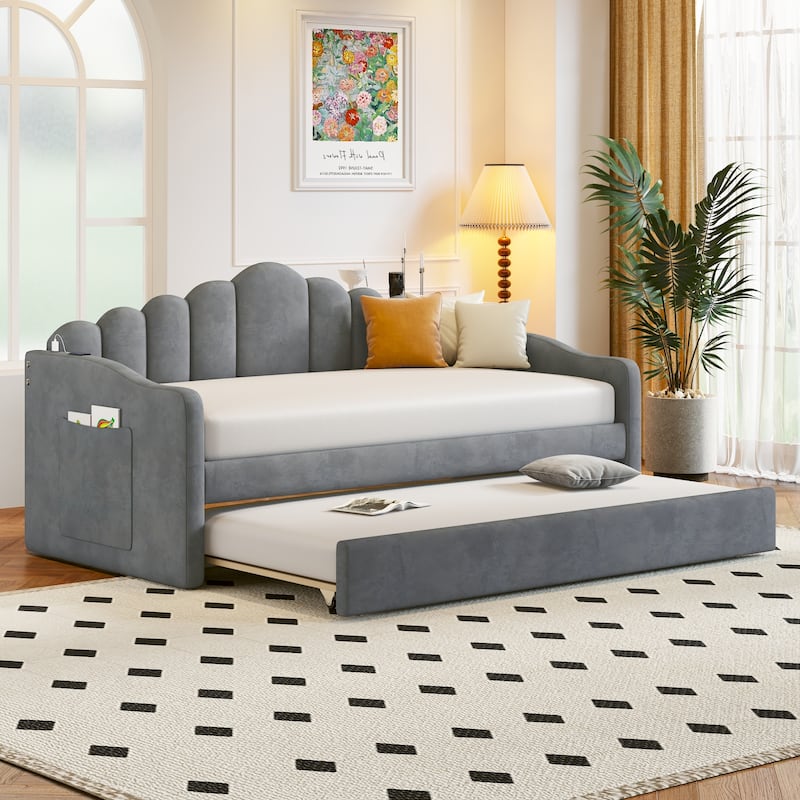Modern Twin Velvet Daybed with Trundle, USB Ports, and Storage Pockets - Grey - Twin
