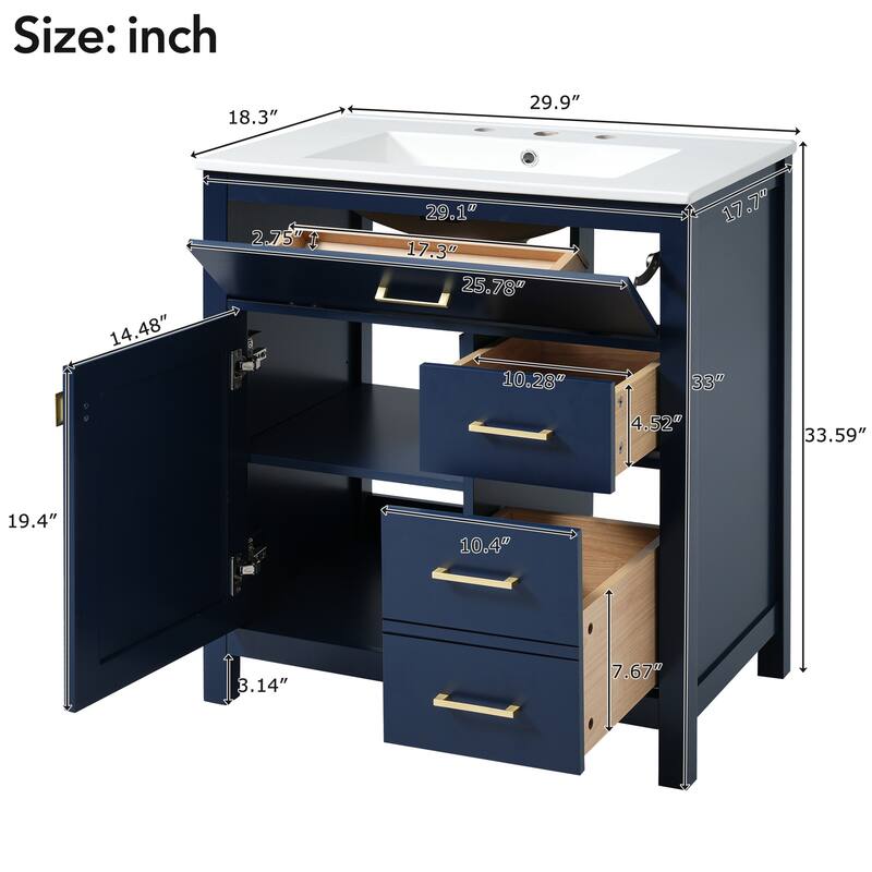 30-Inch Bathroom Vanity with Ceramic Sink Top, Freestanding Bathroom Vanity Cabinet with 1 Soft Close Door, 3 Drawers and Shelf