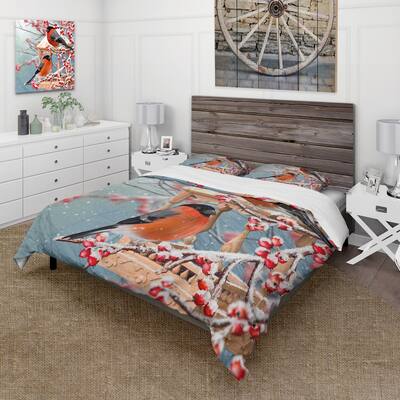 Designart 'Two Chickadee Sit On A Snow-Covered Branch' Traditional Duvet Cover Comforter Set