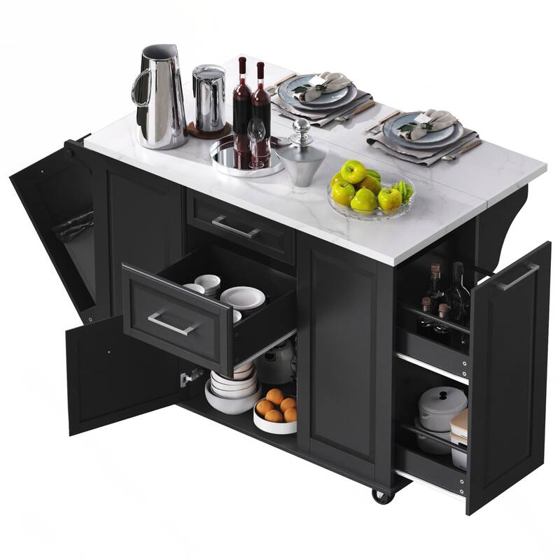 Kitchen Island with Storage Tilt Trash Can Cabinet and Pull Out Cabinet Organizer