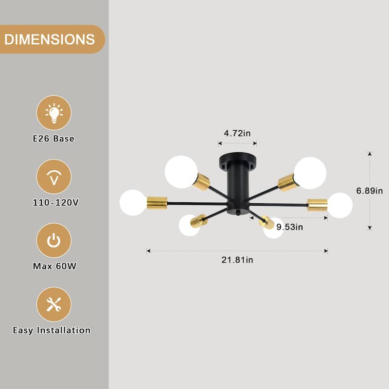 6-Light Modern Industrial Sputnik Semi-Flush Mount Ceiling Light - N/A