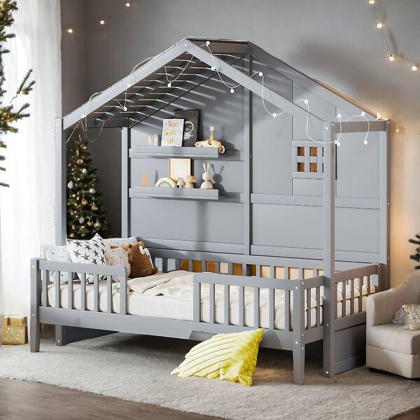 slide 2 of 9, Twin Size House Bed with Shelves,Window and Sparkling Light Strip Grey