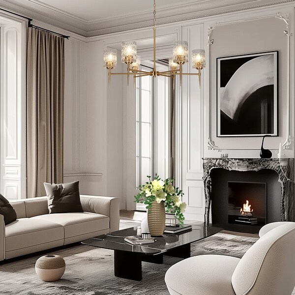 LALUZ Modern Gold 6-Light Wheel Chandelier Textured Glass Light