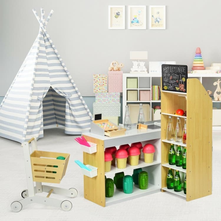 Grocery Store Playset Pretend Play Supermarket Shopping Set - 35.5" x 24.5" x 43.5" (L x W x H) - White-Natural