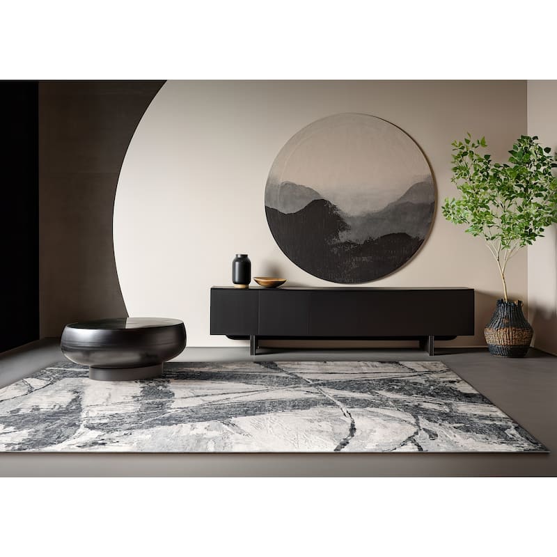 EXQUISITE RUGS Floor Art Hand-knotted Bamboo Silk Silvery/Dark Grey Area Rug.