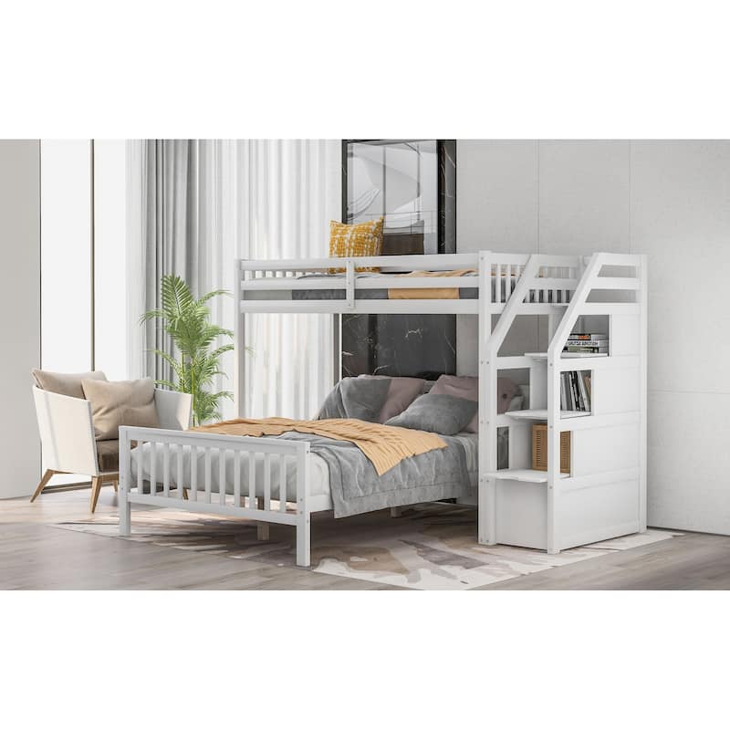 Modern Twin Over Full Loft Bed with Staircase and Integrated Storage