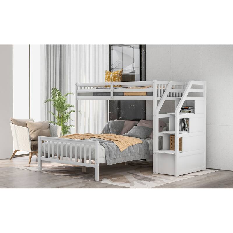 Twin Over Full Loft Bed with Staircase and Storage, Space-Saving Design