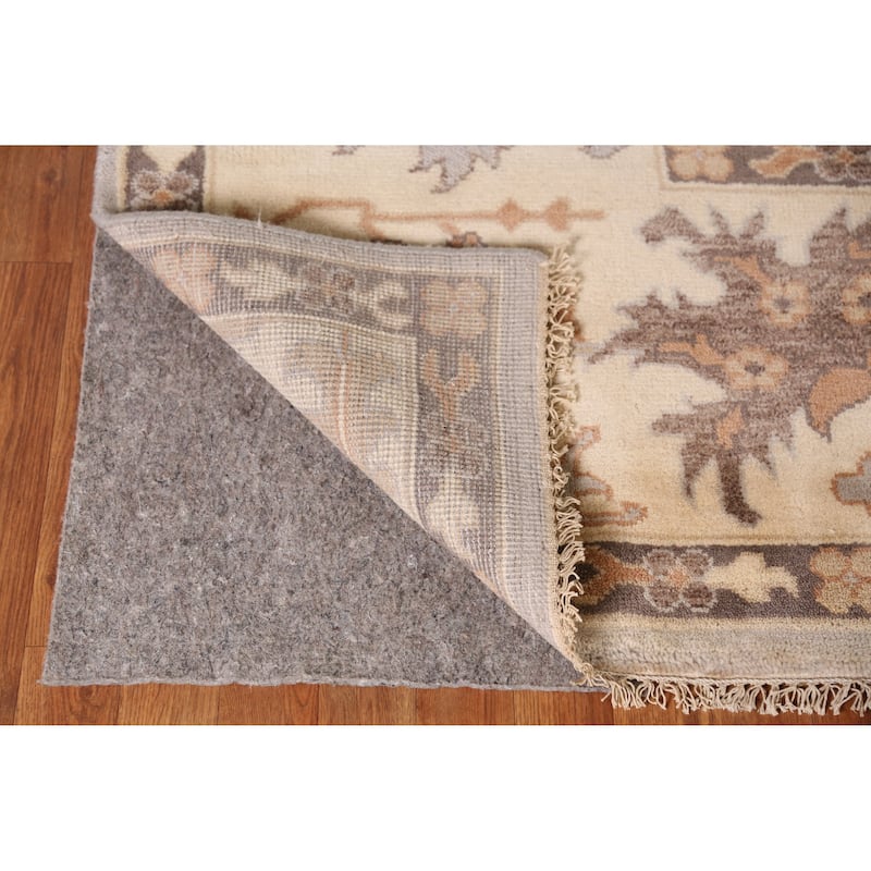 Gray Oushak Indian Large Rug Hand-Knotted Floral Wool Carpet - 9'10" x 13'8"